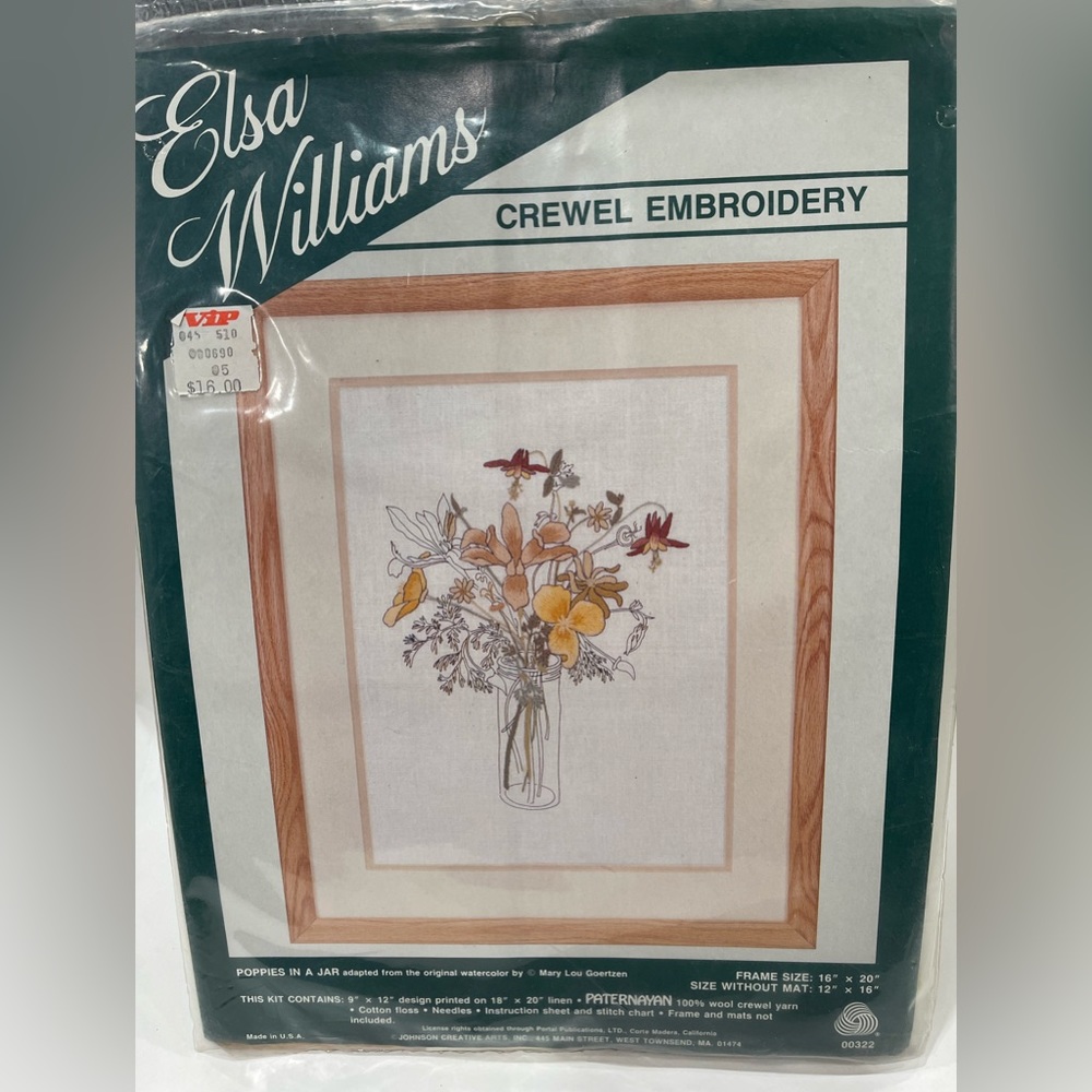 Vintage 1990 Poppies In A Jar Crewel Embroidery Kit By Elsa Williams USA NEW